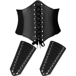 Women Corset Belt Elastic with Faux Leather Gauntlet Wristband Halloween Costume (Black)